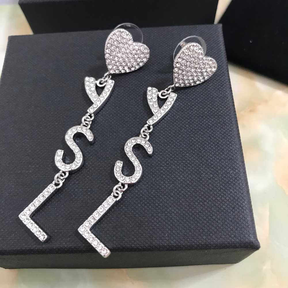 Vintage Heart Rhinestone Logo Drop Earrings - image 5