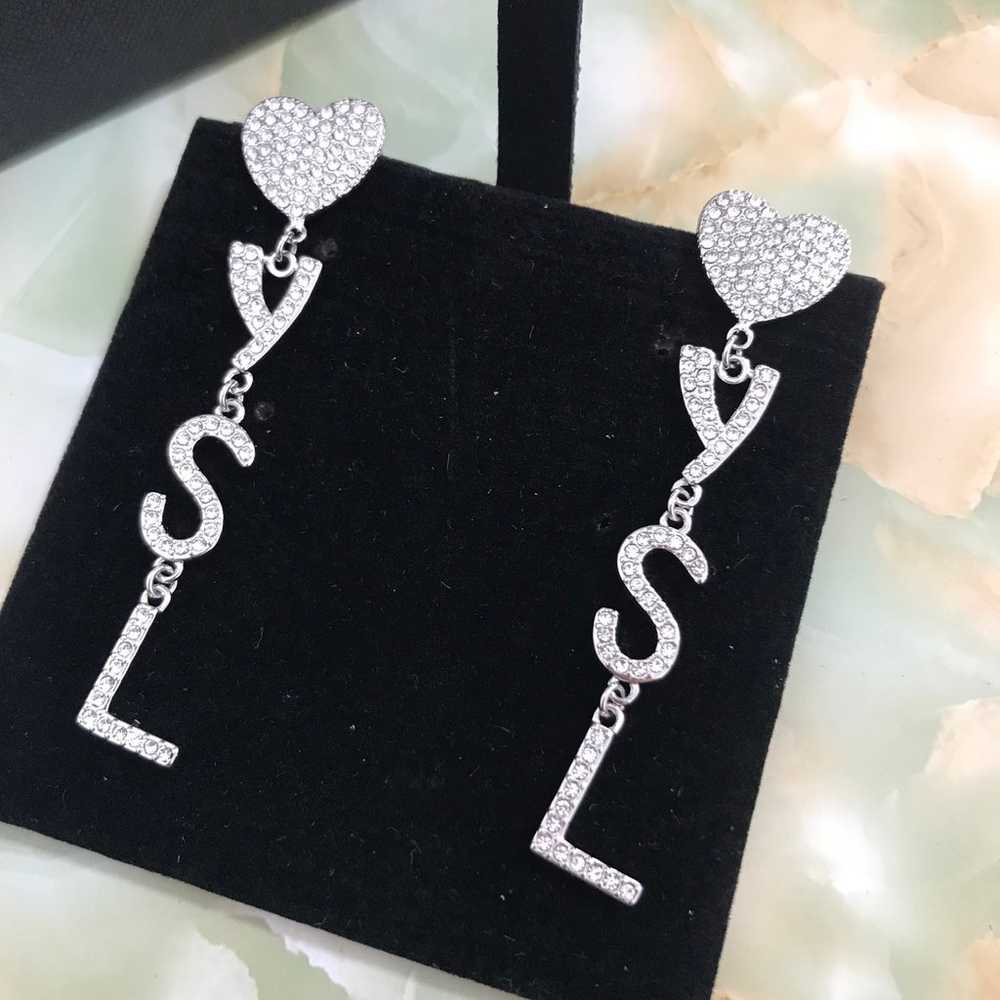 Vintage Heart Rhinestone Logo Drop Earrings - image 6