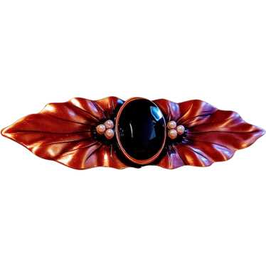 Large Copper Abstract Leaf Design  Black Oval Cab… - image 1