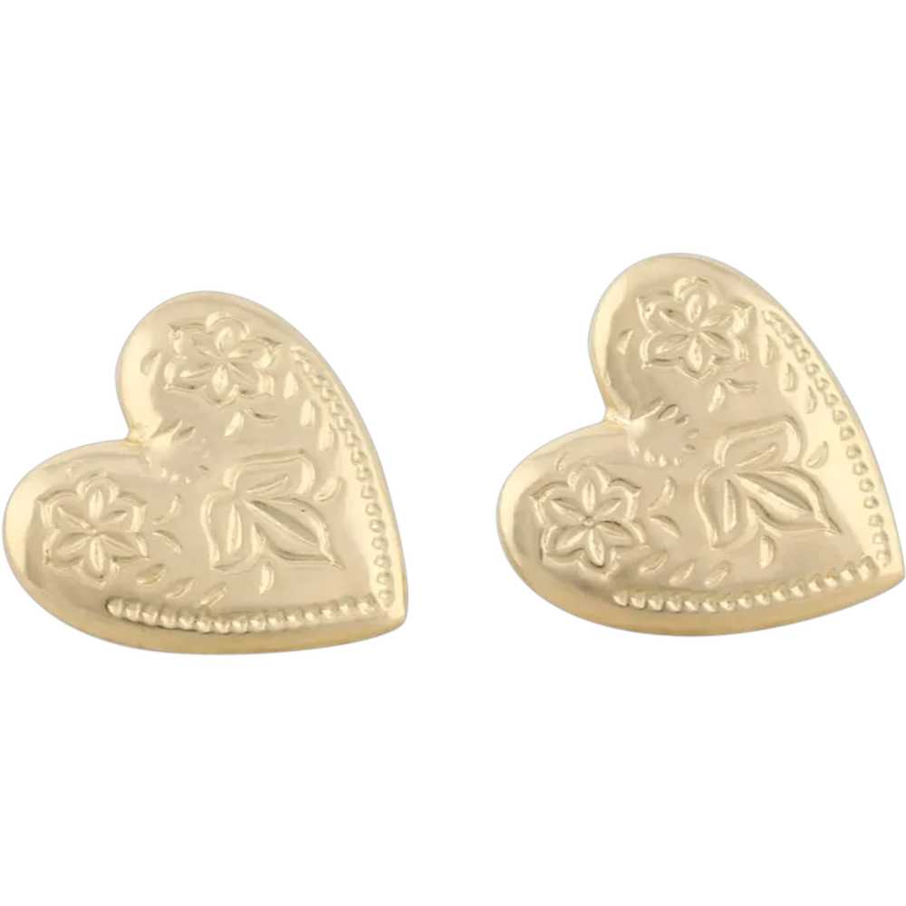 14k Yellow Gold Floral Etched Heart Earrings Stud… - image 1