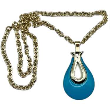 Sarah Coventry Aqua Modernist Goldtone Pendant Ne… - image 1