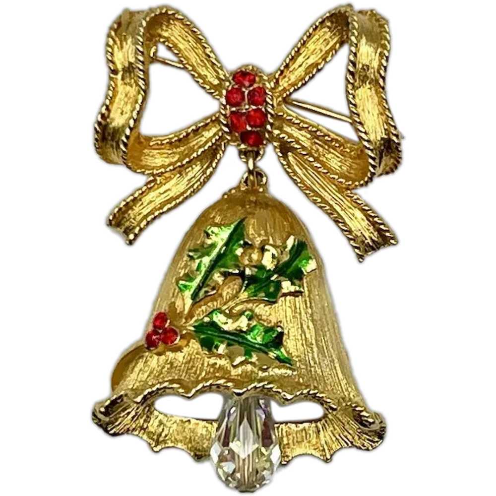 MyLu Holiday Enameled Bow Bell Goldtone Brooch - image 1