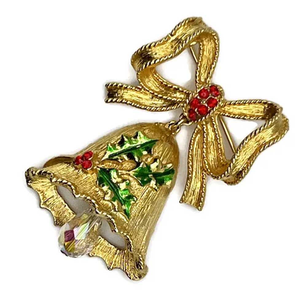 MyLu Holiday Enameled Bow Bell Goldtone Brooch - image 2