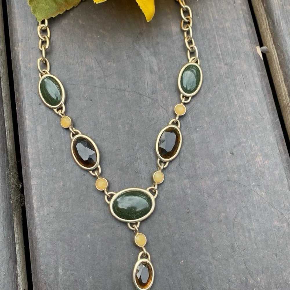 Vintage Necklace gold tone with green brown stones - image 3