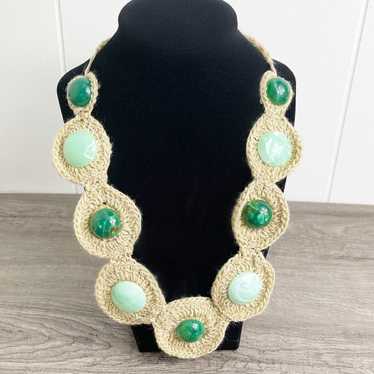 VINTAGE Green Crochet Woven Statement Necklace - image 1