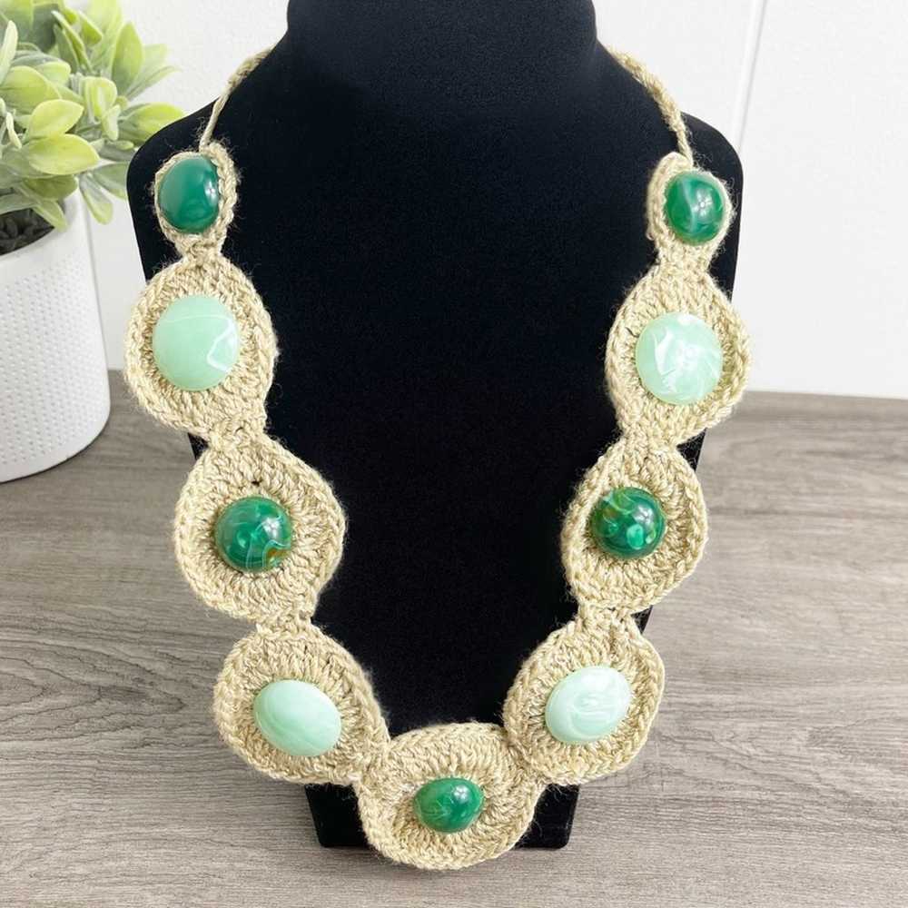 VINTAGE Green Crochet Woven Statement Necklace - image 3