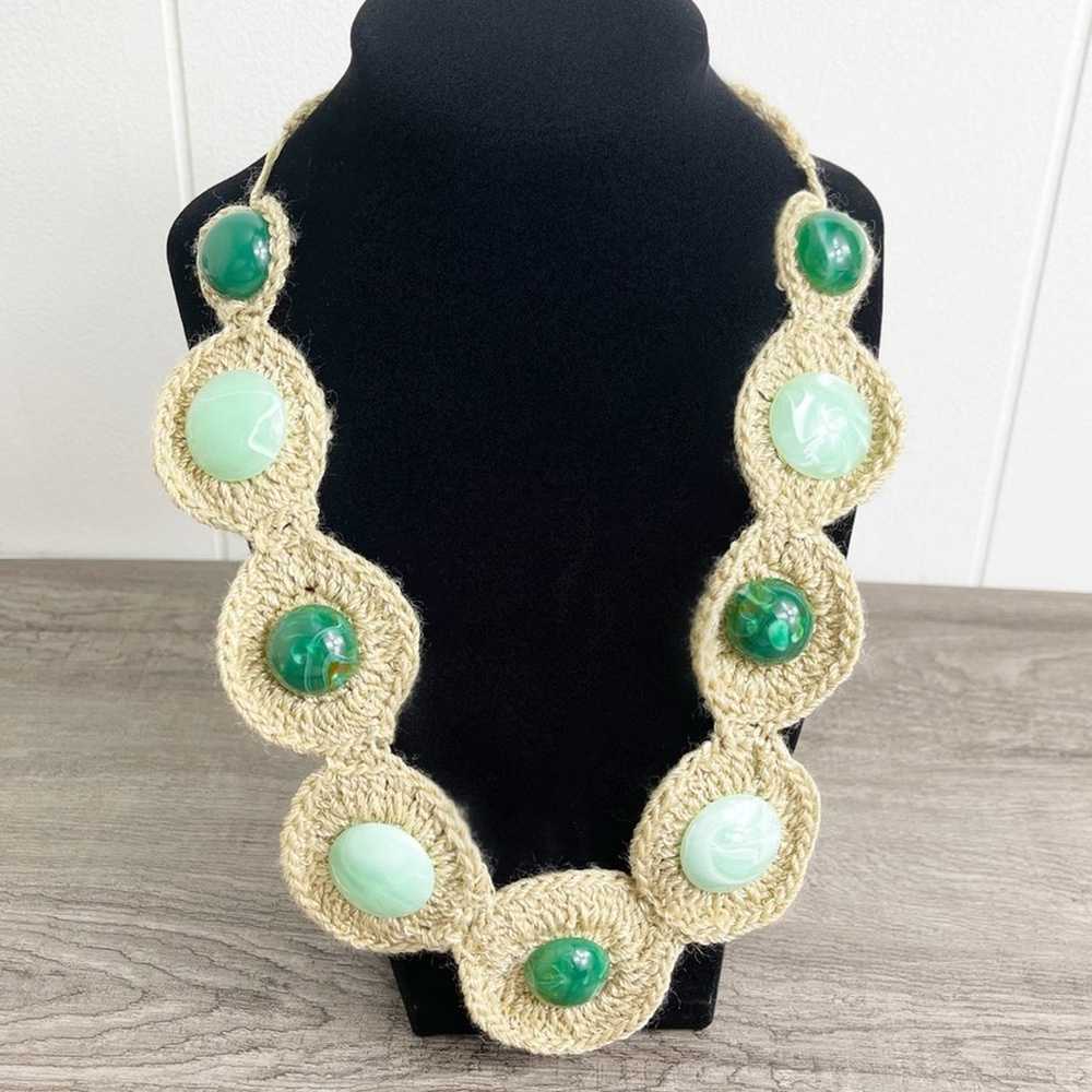 VINTAGE Green Crochet Woven Statement Necklace - image 4