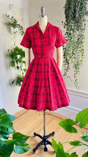 1950s Red Plaid Shirt Dress | small