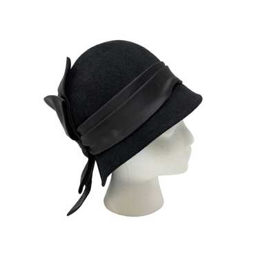 Vintage Cloche Hat Black 100% Wool Large Satin Ri… - image 1