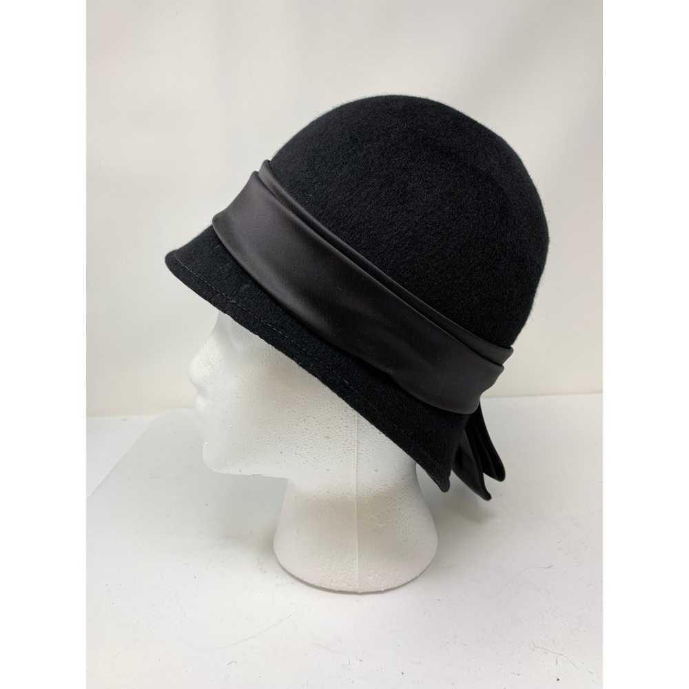 Vintage Cloche Hat Black 100% Wool Large Satin Ri… - image 3