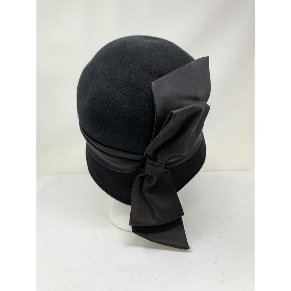 Vintage Cloche Hat Black 100% Wool Large Satin Ri… - image 4