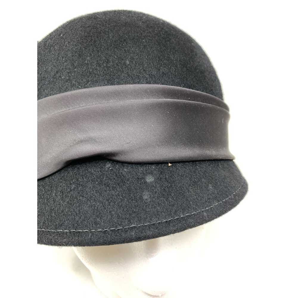 Vintage Cloche Hat Black 100% Wool Large Satin Ri… - image 5