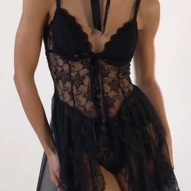 Vintage Black Sheer Floral Ruffle Lace Corset Lac… - image 1