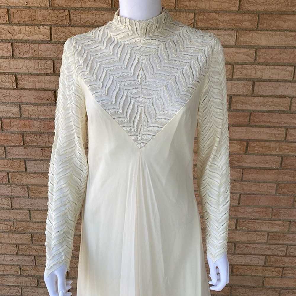 60s 70s Cream High Neck Fringe Lace Chiffon Layer… - image 11