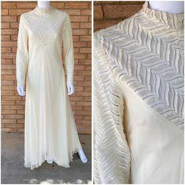 60s 70s Cream High Neck Fringe Lace Chiffon Layer… - image 1