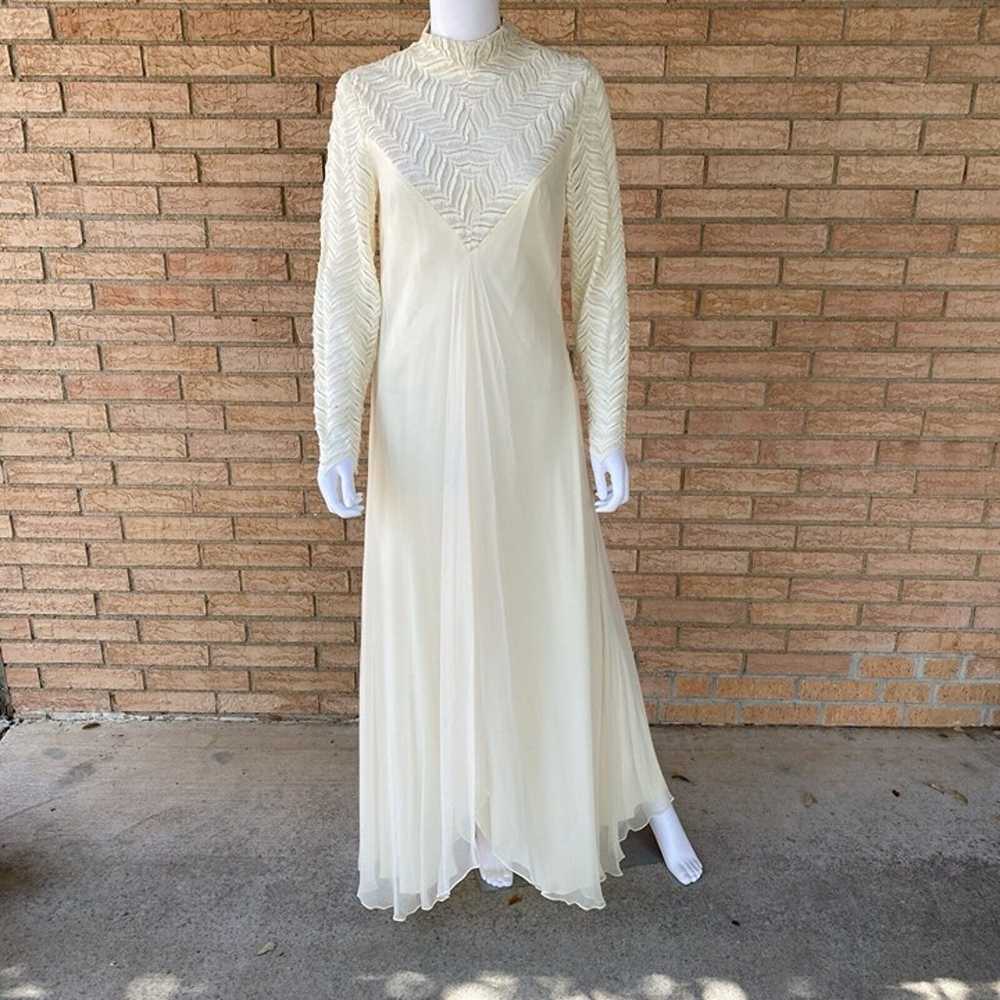 60s 70s Cream High Neck Fringe Lace Chiffon Layer… - image 2