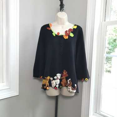 Vintage Michael Simon Fall Leaves Dogs Cardigan Sw