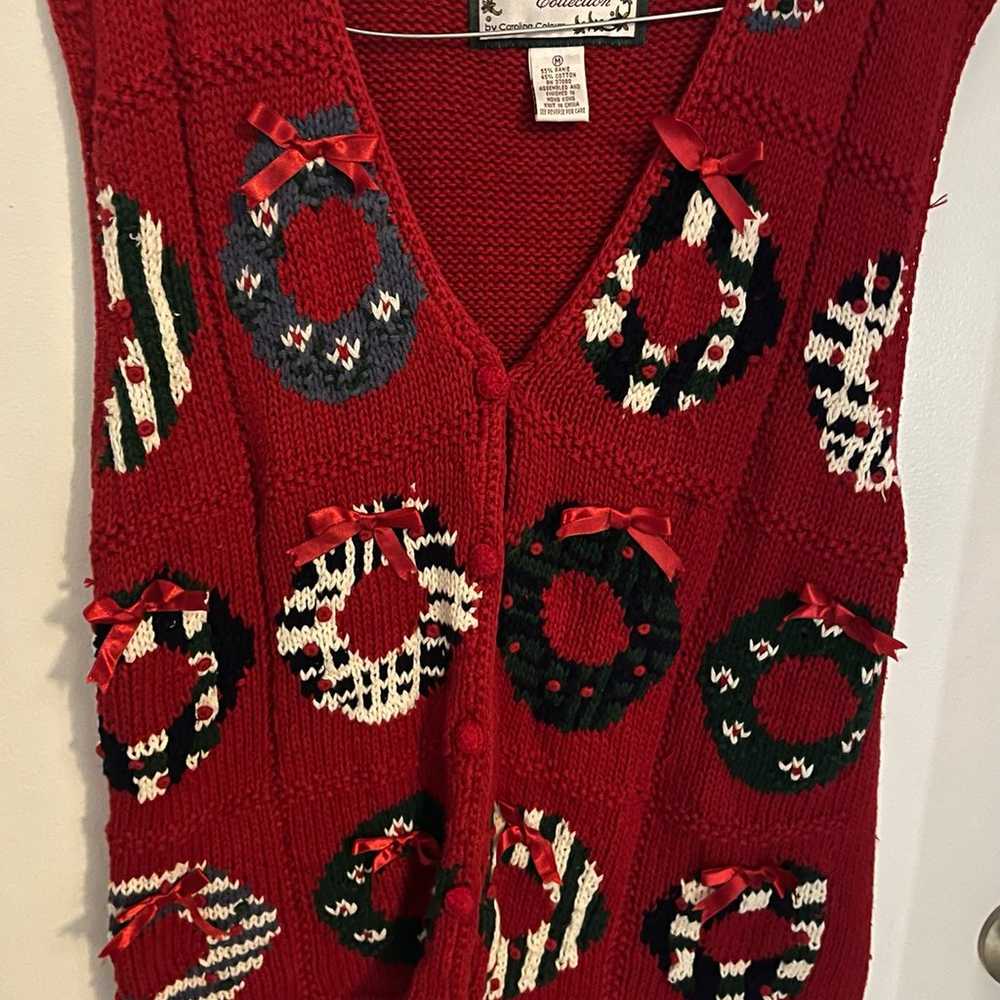 Vintage ugly Christmas sweater vest size M wreaths - image 1