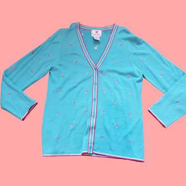 Vintage Quacker Factory Aqua Pink Daisy Embroidere