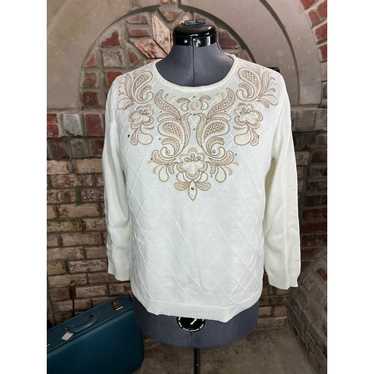 Alfred dunner sweater white tan lattice embroidere