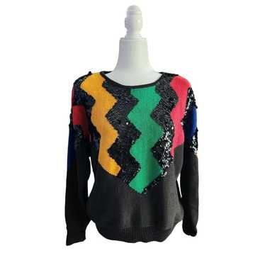 Vintage All Points women's knit Black sweater seq… - image 1