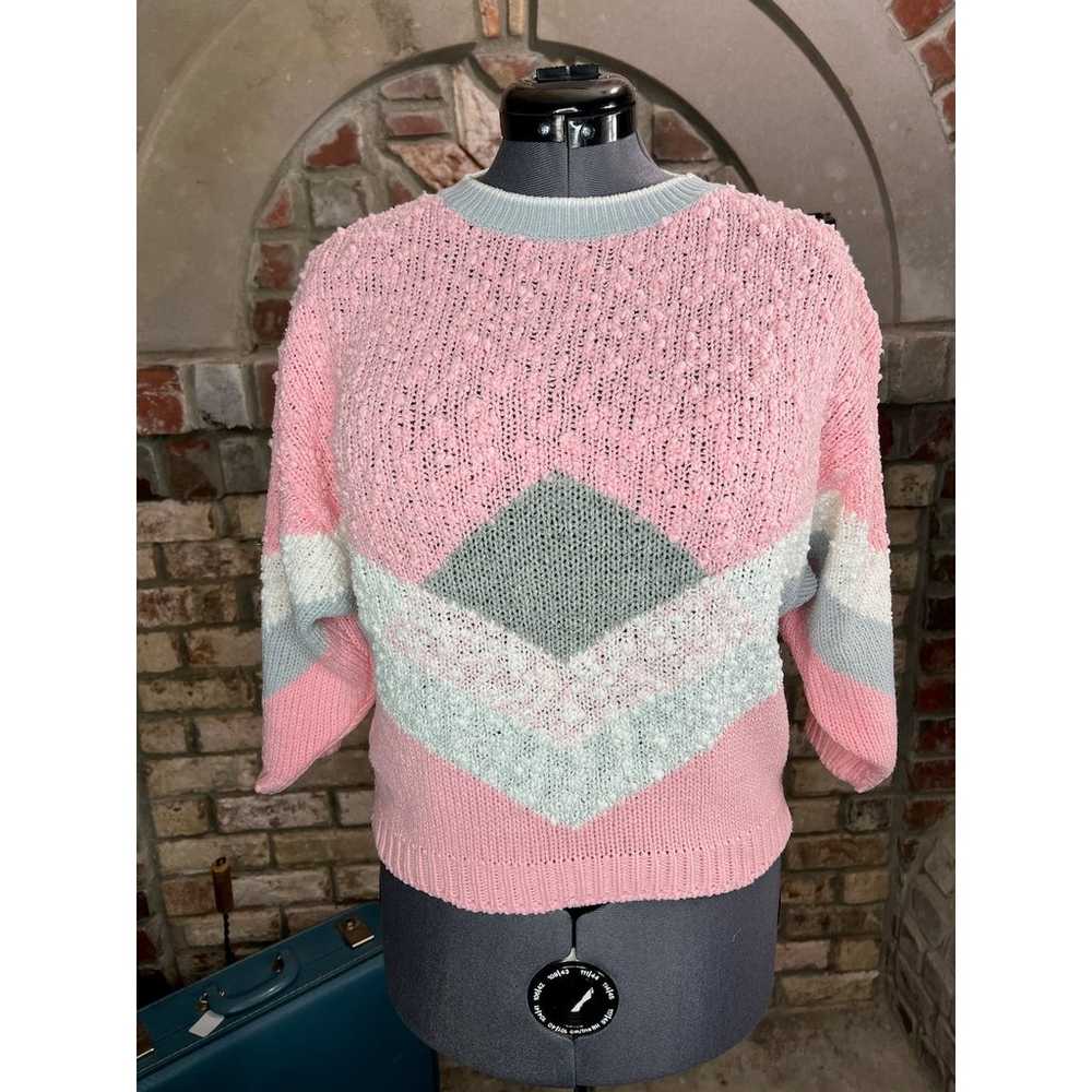 sweater 1980s colorblocked geometric pink white g… - image 1