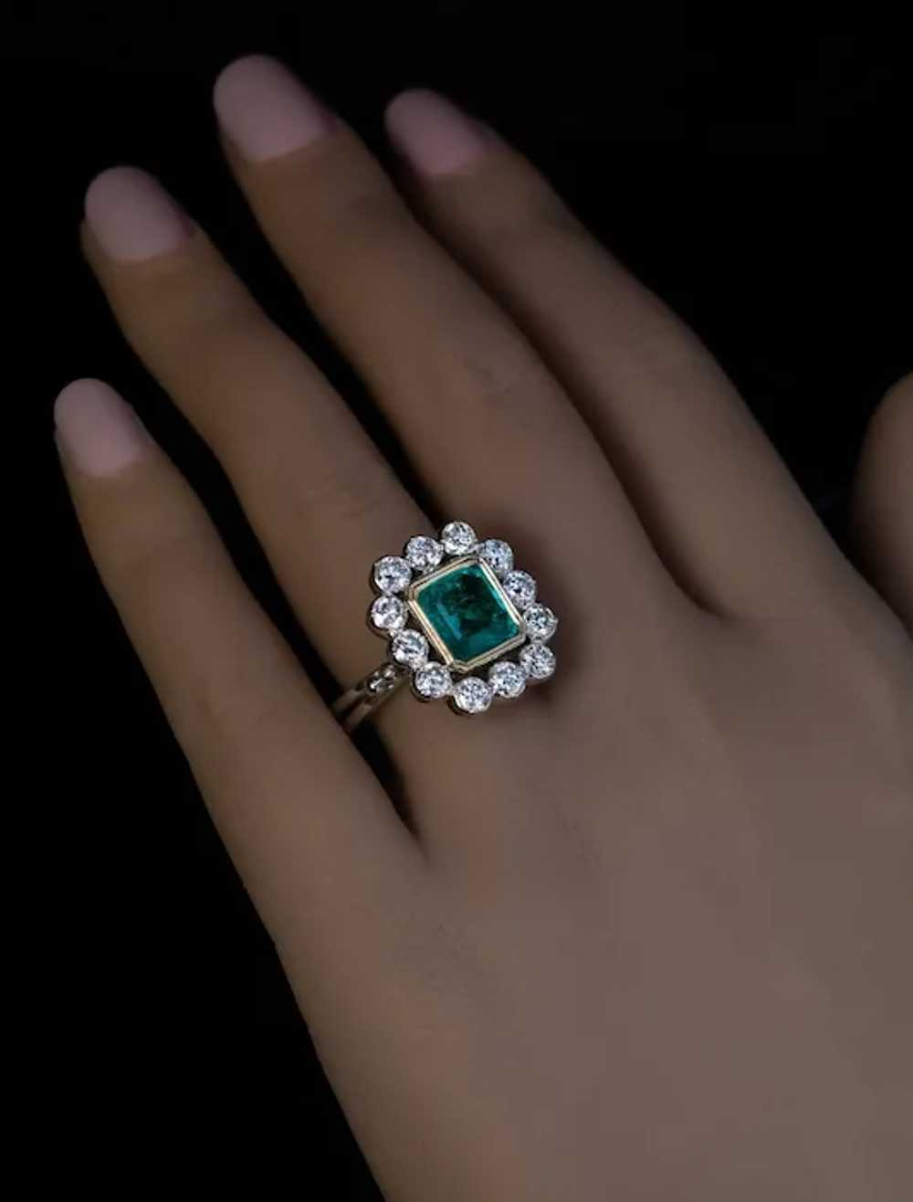 Vintage 2 Ct Colombian Emerald Diamond Cluster Ri… - image 2