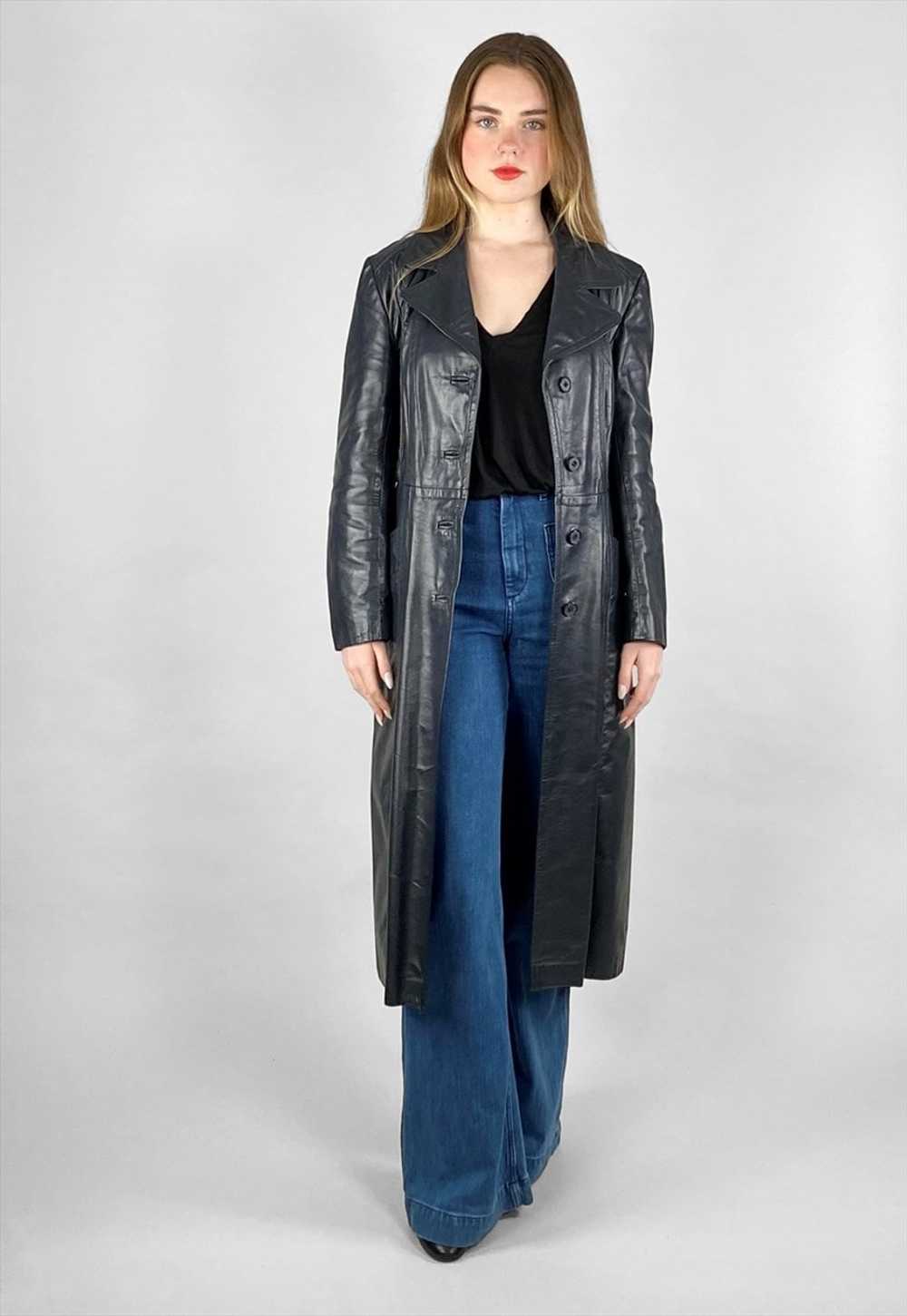 70's Dark Blue Ladies Vintage Leather Trenchcoat - image 3