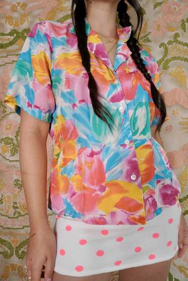 Vibrant Silk Floral Blouse, M