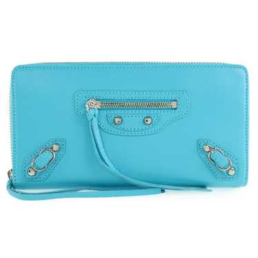 BALENCIAGA Long Wallet Purse Calfskin Blue Zip Ar… - image 1