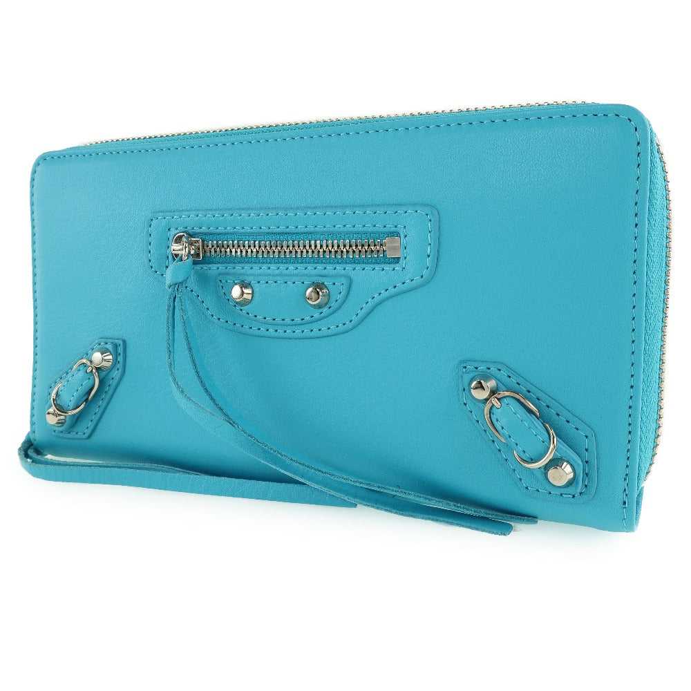 BALENCIAGA Long Wallet Purse Calfskin Blue Zip Ar… - image 2