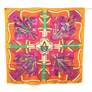 HERMES scarf silk Orange BOUQUETS SELLIER Women U… - image 1