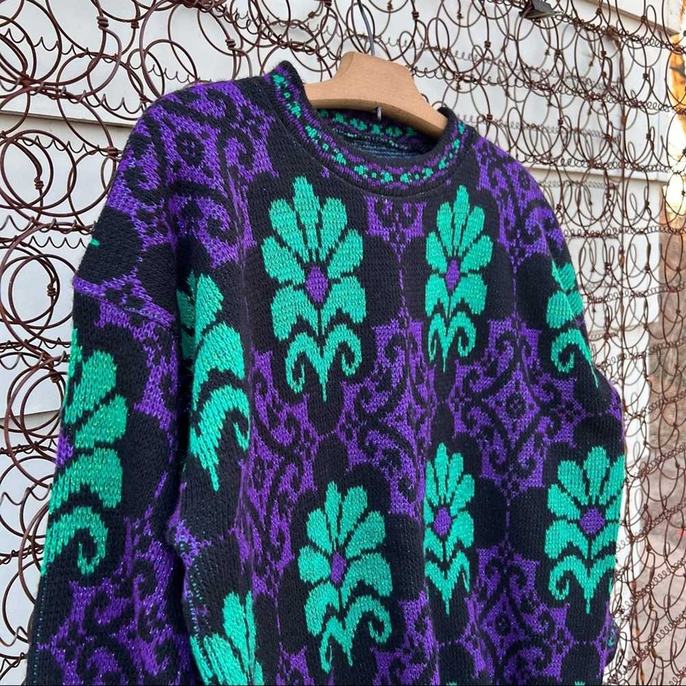 Vintage 90s purple and bright green metallic fleu… - image 2