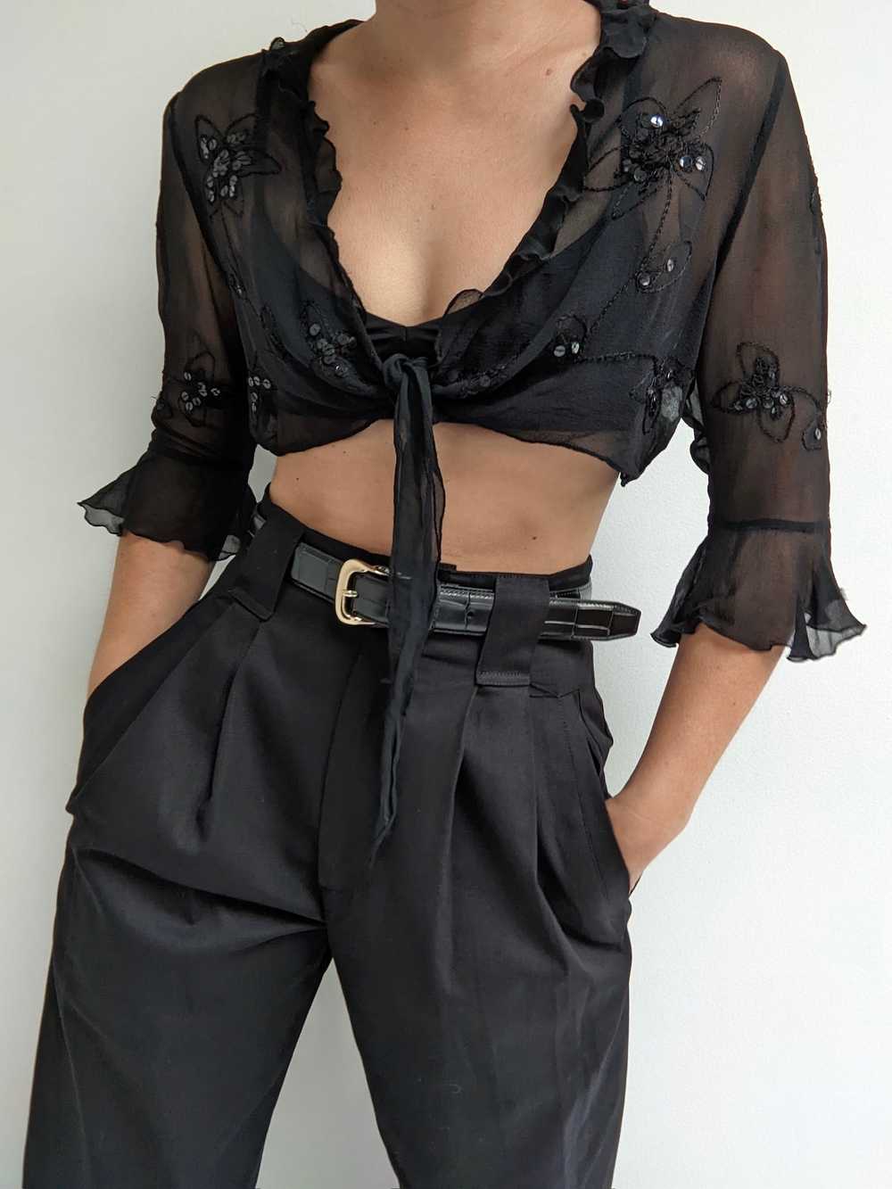 Vintage Embellished Sheer Silk Tie Blouse - image 1