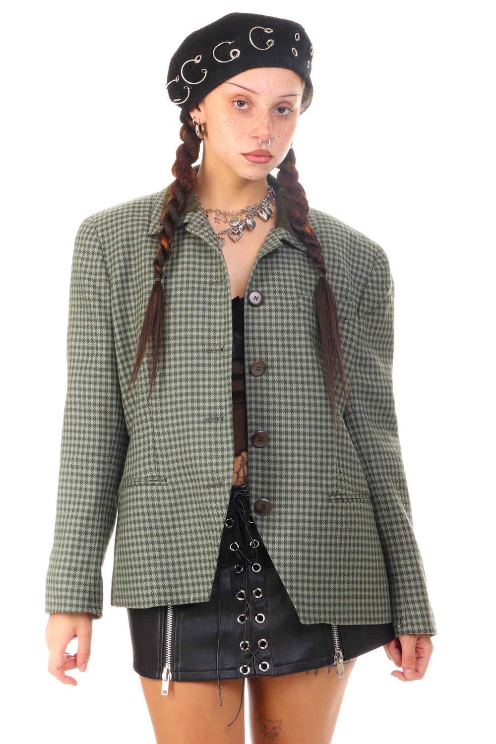 Vintage 90's Green Houndstooth Cropped Blazer - S… - image 1