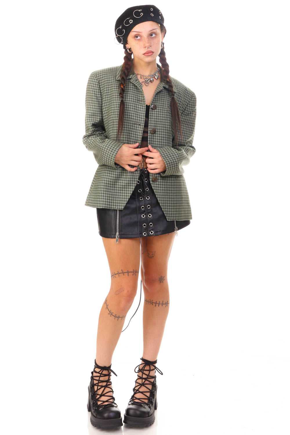 Vintage 90's Green Houndstooth Cropped Blazer - S… - image 2