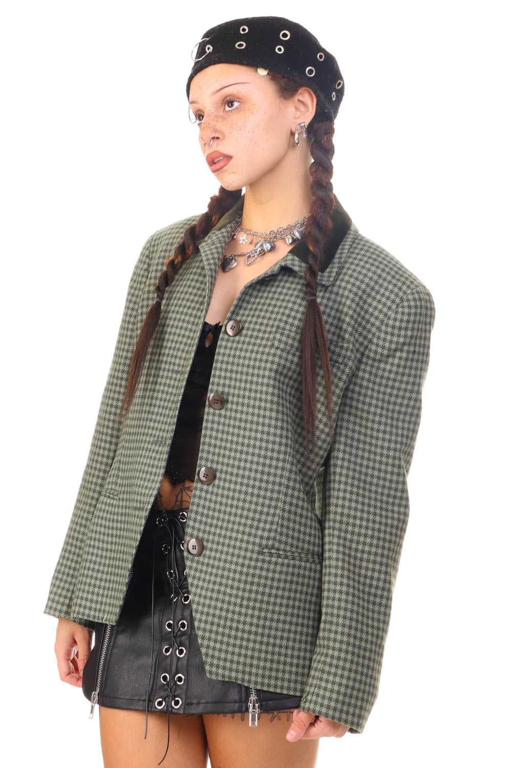 Vintage 90's Green Houndstooth Cropped Blazer - S… - image 3