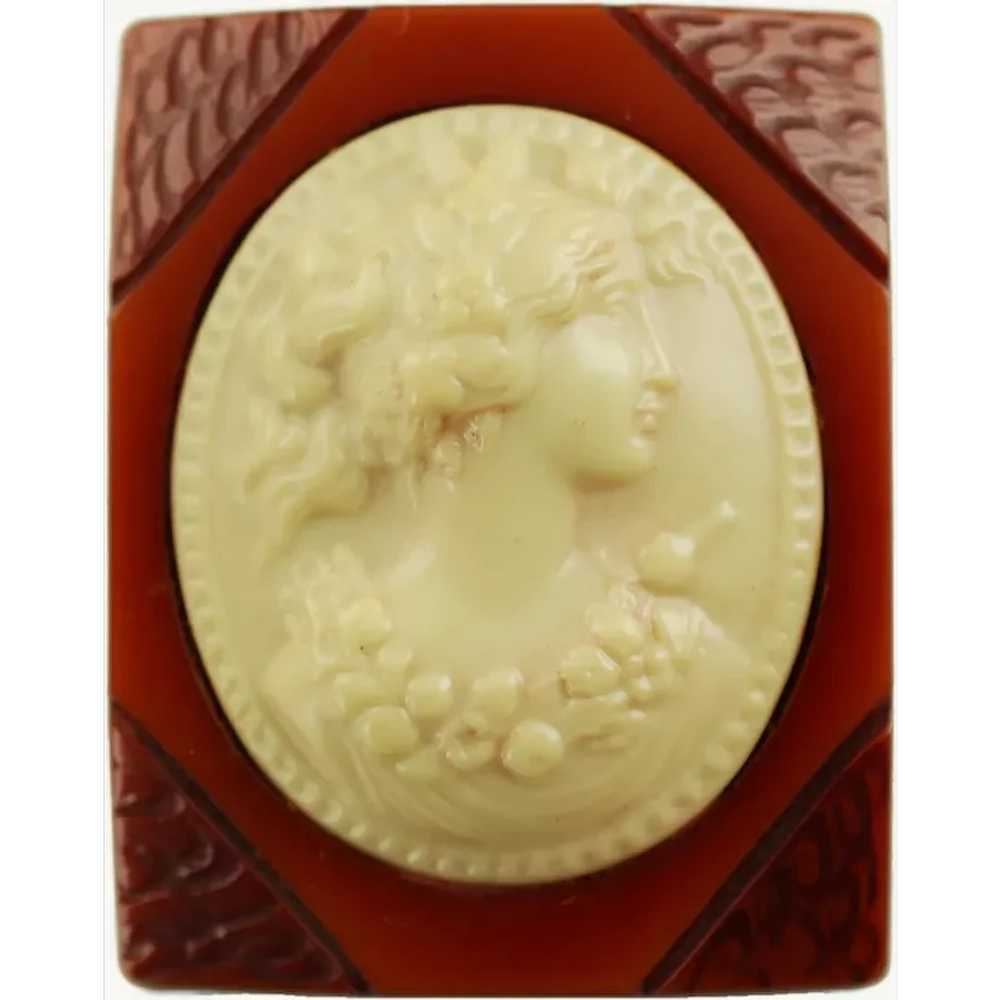 Vintage Bakelite Brooch Pin with Celluloid Cameo - image 1