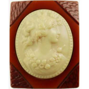 Vintage Bakelite Brooch Pin with Celluloid Cameo - image 1