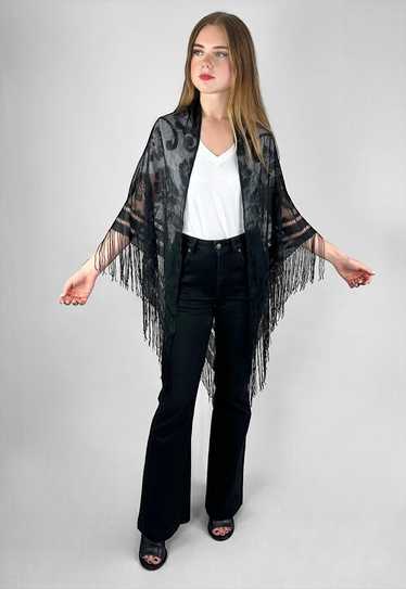 70's Vintage Black Crochet Fine Fringe Ladies Sca… - image 1