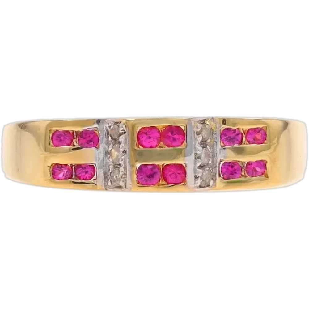 Yellow Gold Ruby & Diamond Cluster Band - 18k Rou… - image 1