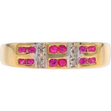 Yellow Gold Ruby & Diamond Cluster Band - 18k Roun