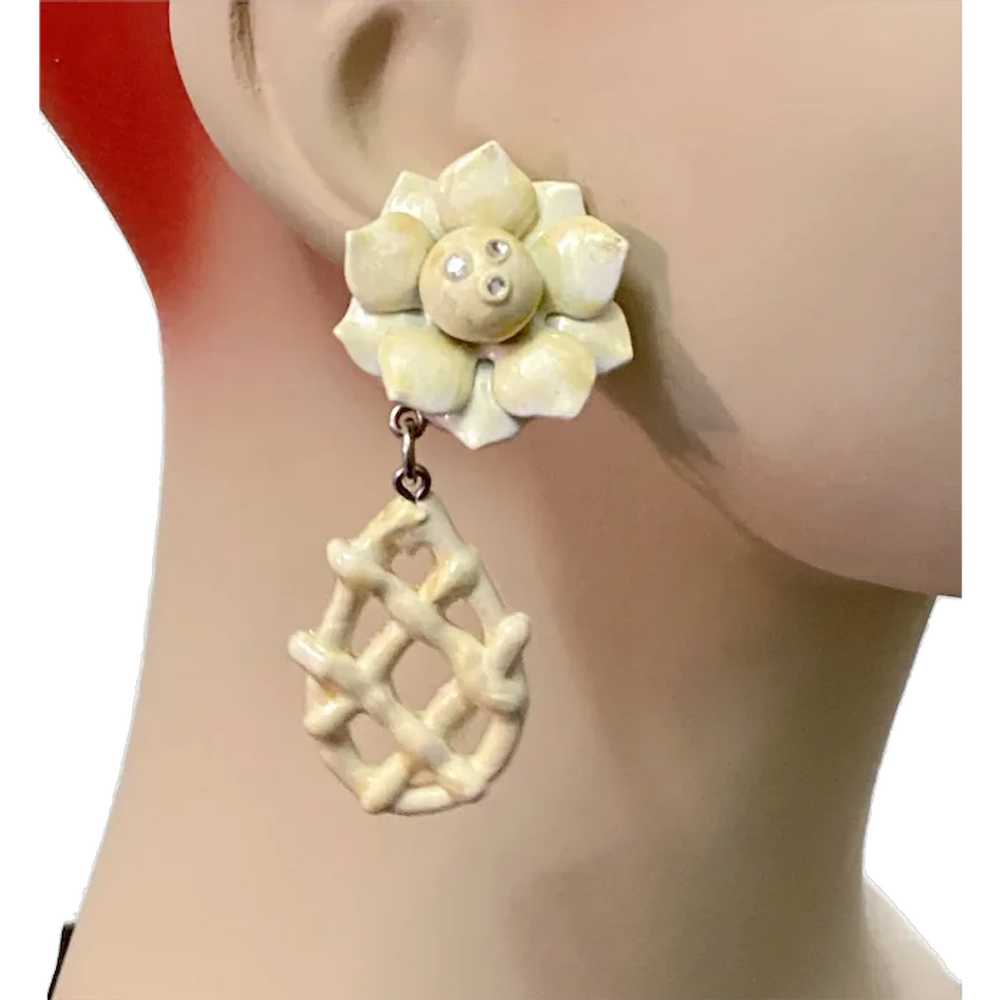 Flower Earrings, Cream, Enamel, Vintage Plastic, … - image 1