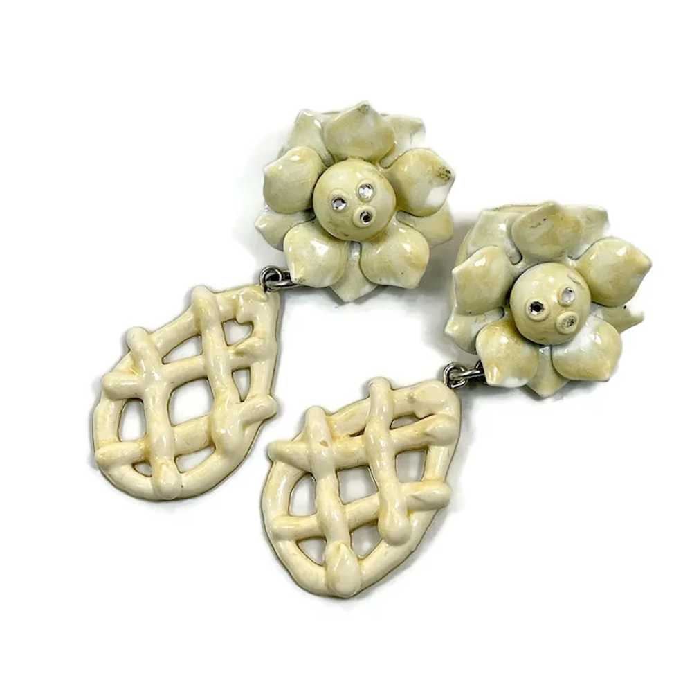 Flower Earrings, Cream, Enamel, Vintage Plastic, … - image 2