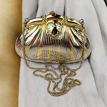 Vintage Hard Clam Shell Evening Clutch With Gold … - image 1