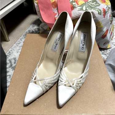 土日値下げjimmy choo LOVE85 レースパンプス38 ブライダル Ivory チュールオーバーレイ付き Metallic Silver グリッター