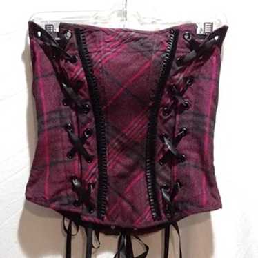 Rare Lip Service Fuchsia Pink Black Tartan Corset… - image 1