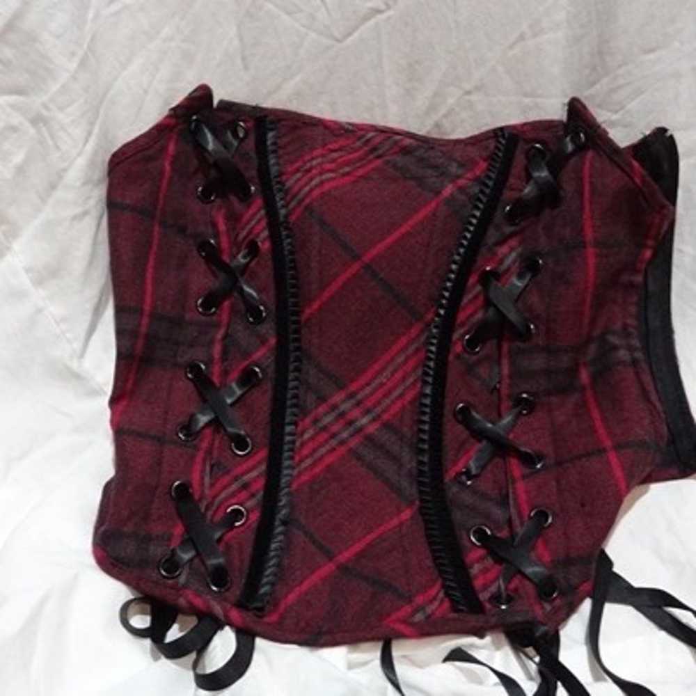 Rare Lip Service Fuchsia Pink Black Tartan Corset… - image 6