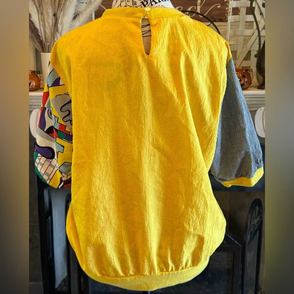 80s Vintage Poly Yellow Blouse Geometric Black Wh… - image 4