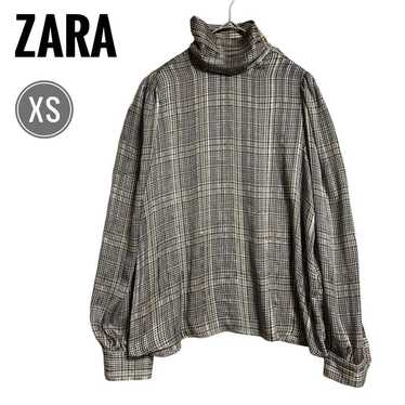 Zara long-sleeve blouse XS check pattern high nec… - image 1